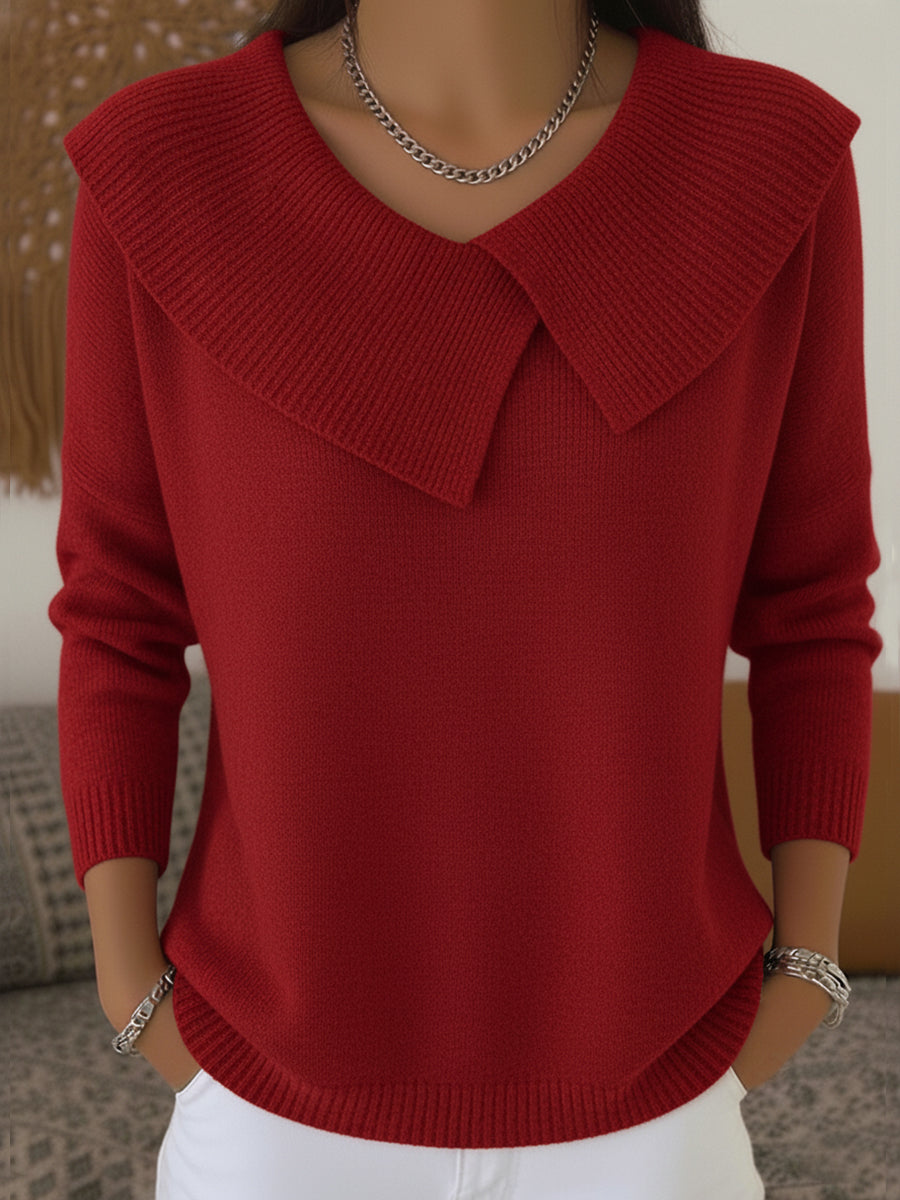 Zailyn cosy elegant sweater in red, front view with oversized folded collar