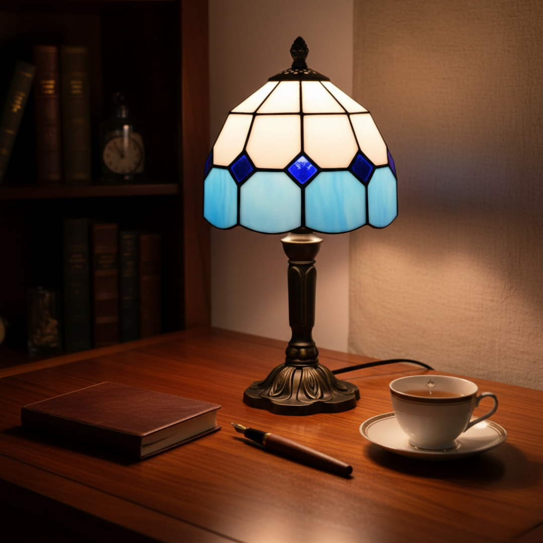 Cloudy Thoughts stained-glass lamp glowing on a wooden desk with book and tea