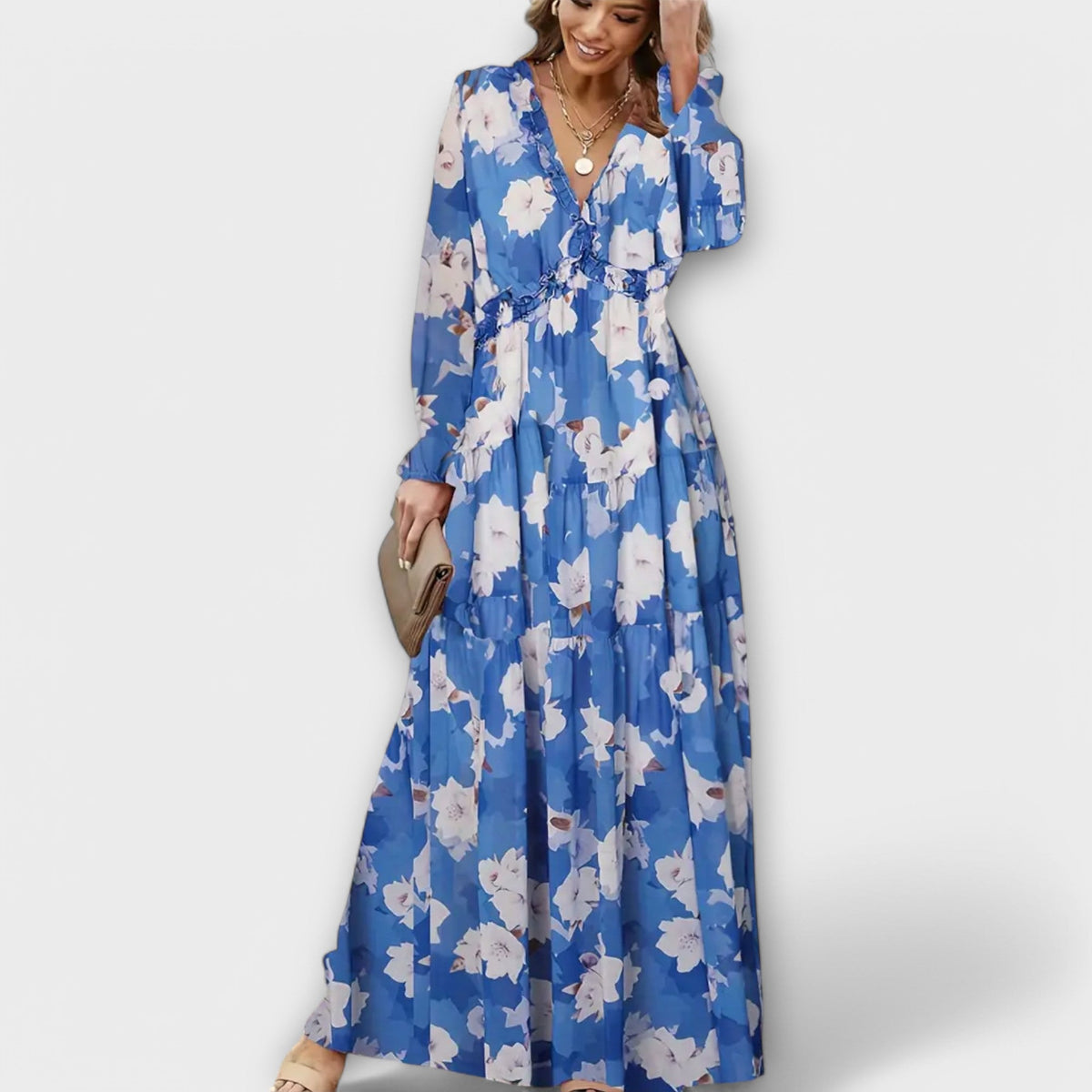 Maya floral V-neck maxi dress in blue, full-length front view