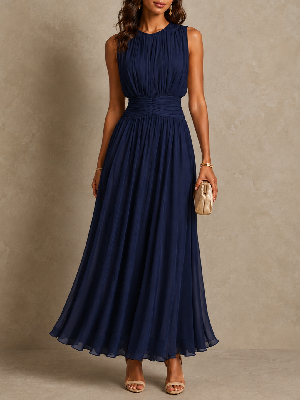Chayna pleated maxi dress in navy blue, full-length front view