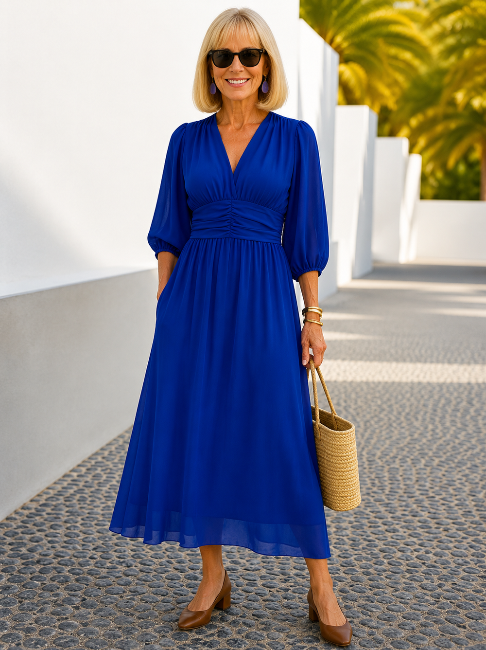 Beatrice wrap midi dress in cobalt blue, full-length front view