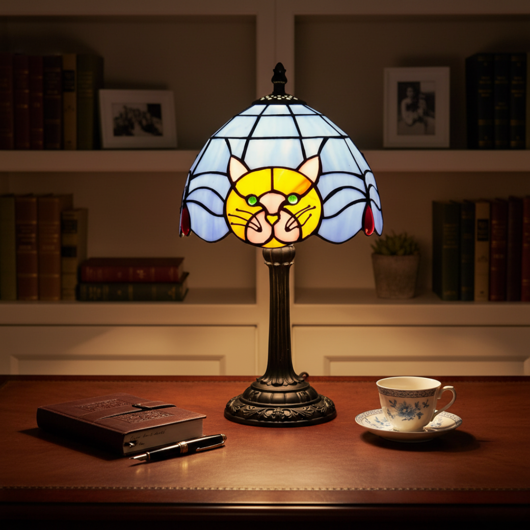 Cat stained-glass lamp glowing on a wooden desk in a study