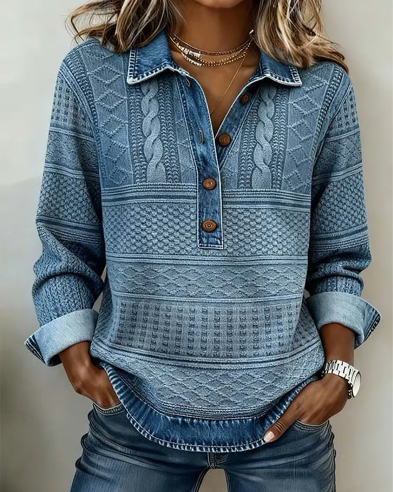 Loryn textured knit sweatshirt in blue, front view with buttoned placket