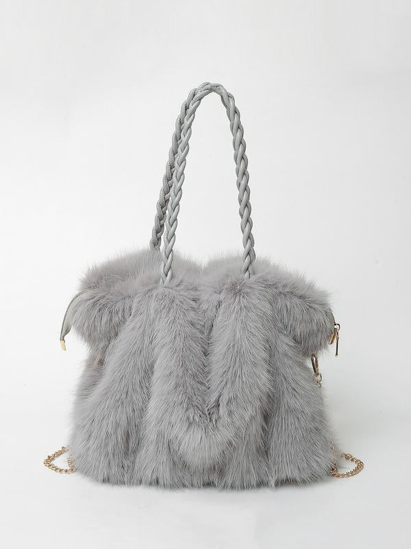Charlotte plush shoulder tote bag in grey with braided handles, front view