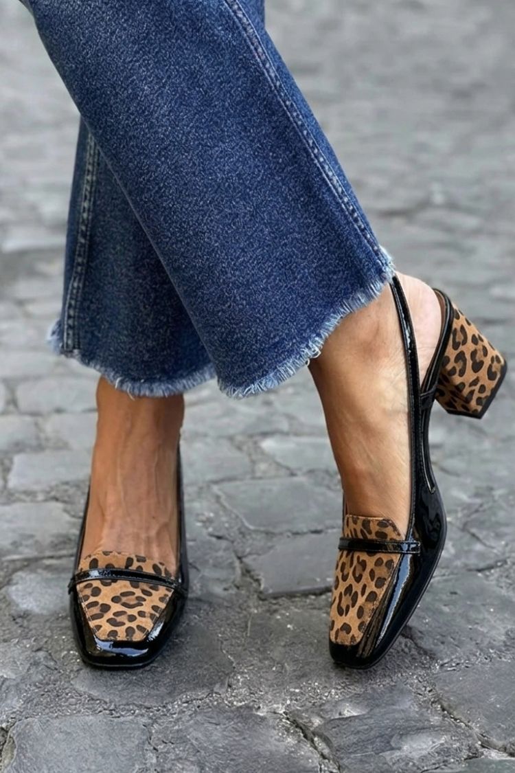 Square-toe patchwork slingback block heels in black with leopard-print panel, side view