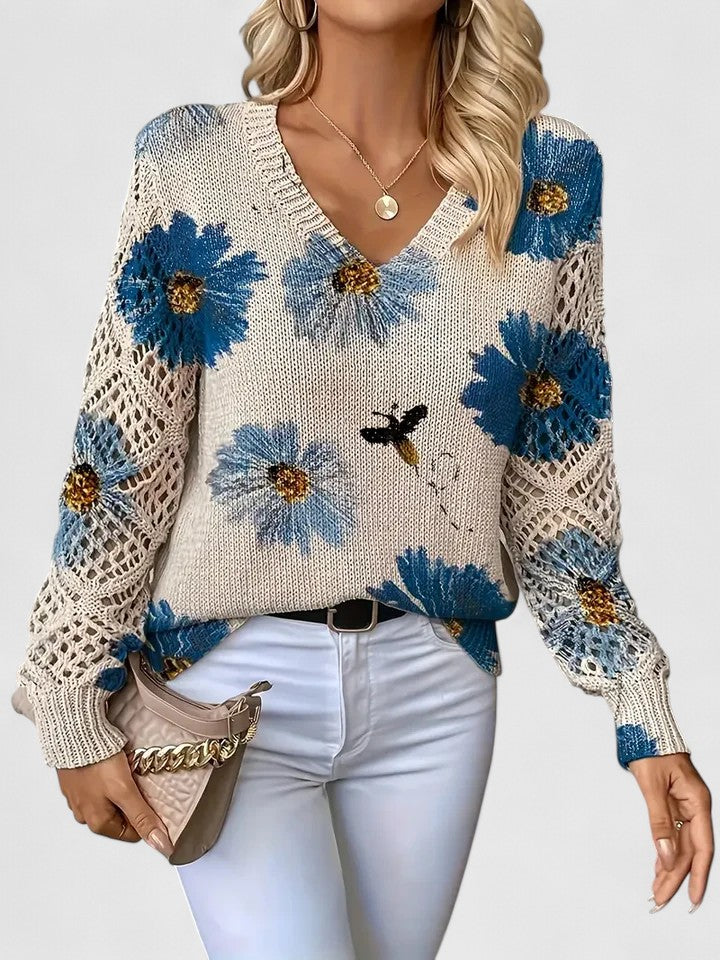 Tahlia floral sweater in cream with blue blooms, front view