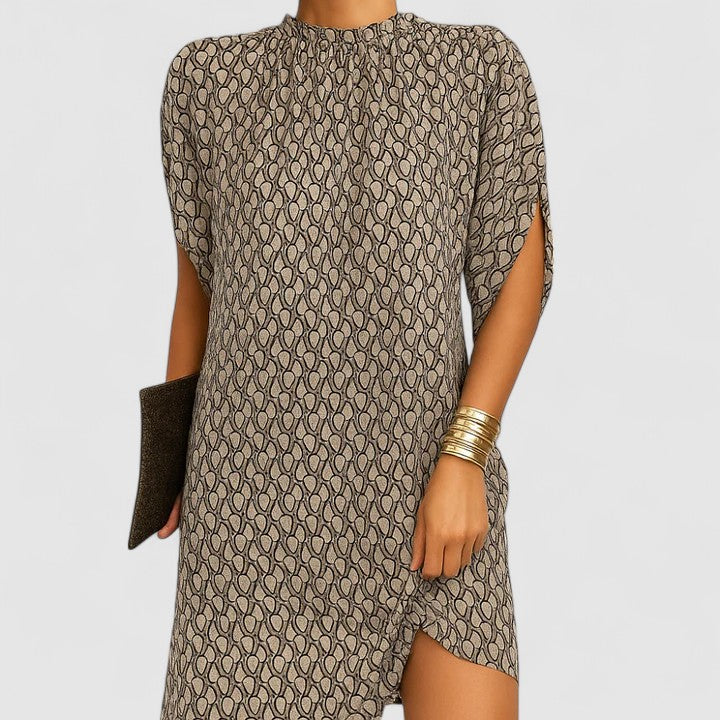 Larissa elegant dress in beige pattern, front view