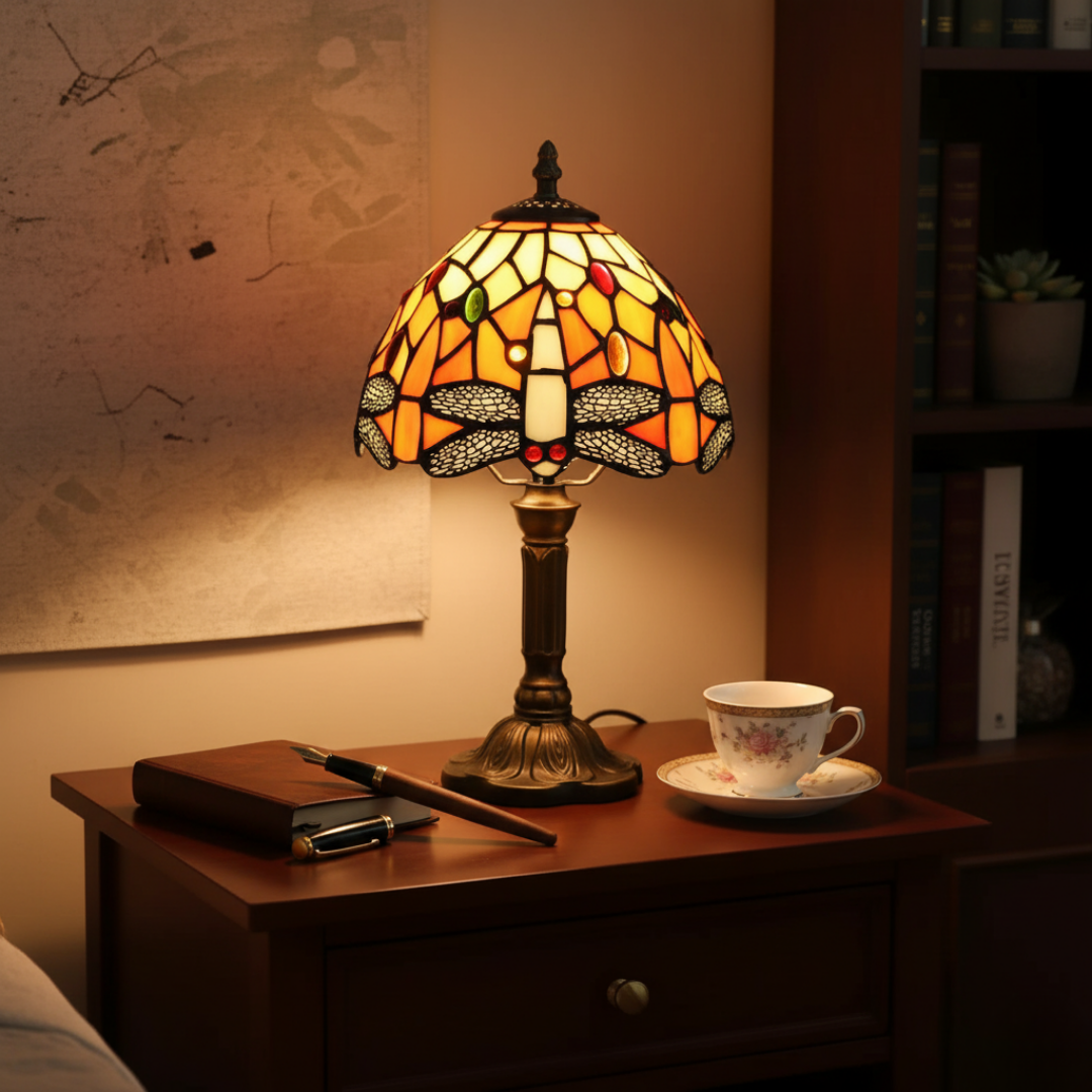 Dragonfly stained-glass lamp lighting a wooden bedside table at night