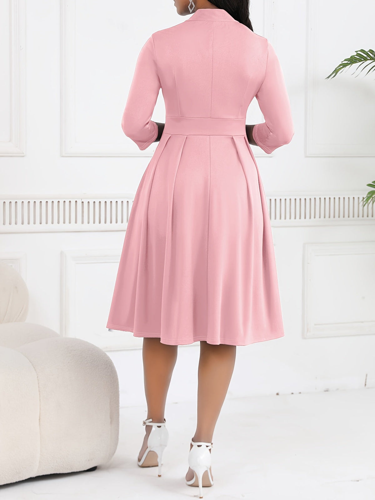 Olivia tie-waist midi dress in pink, back view of pleated skirt