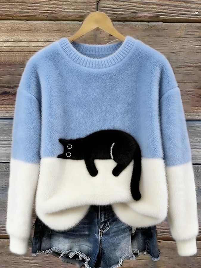 Aileen cat print oversized sweater in light blue and cream, front view