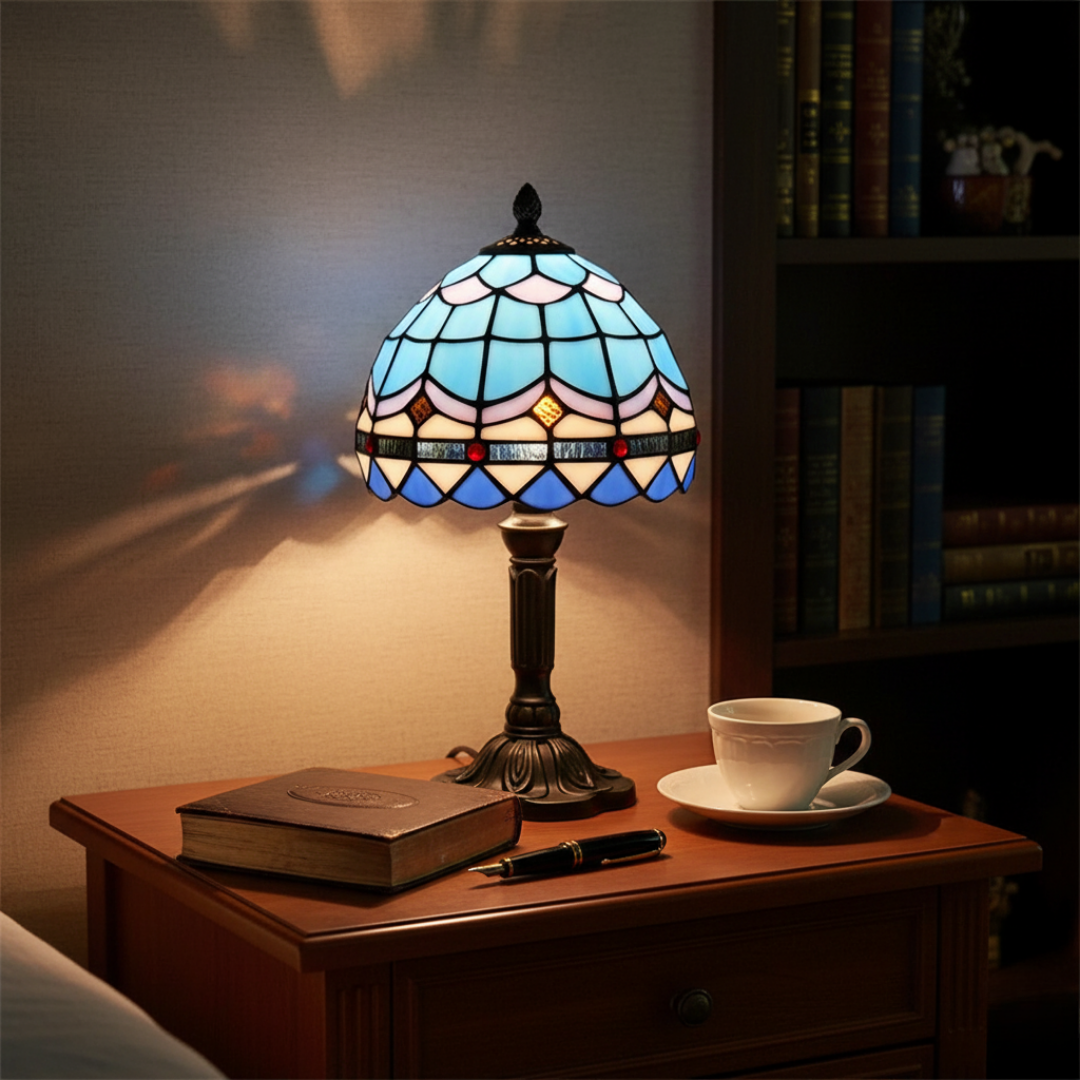 Frozen Night stained-glass lamp glowing on a wooden bedside table