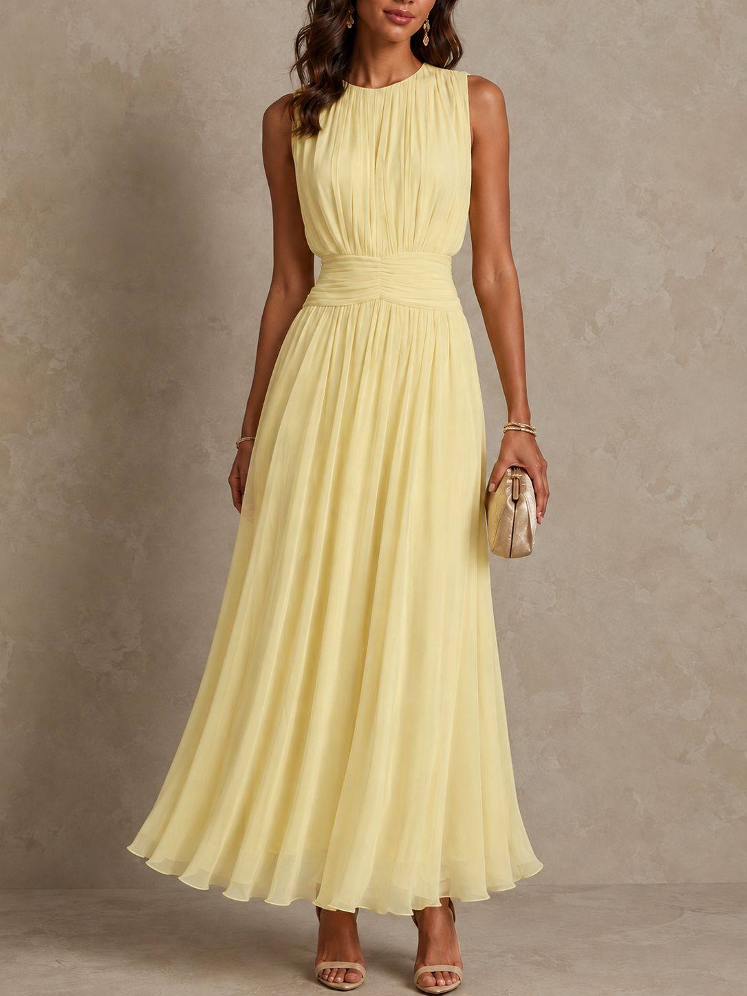 Chayna elegant pleated maxi dress in yellow, full-length front view