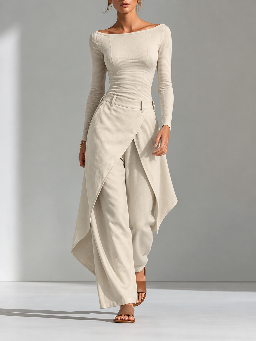 Delphine beige boat-neck top and wide-leg ruffle trouser set, full-length front view