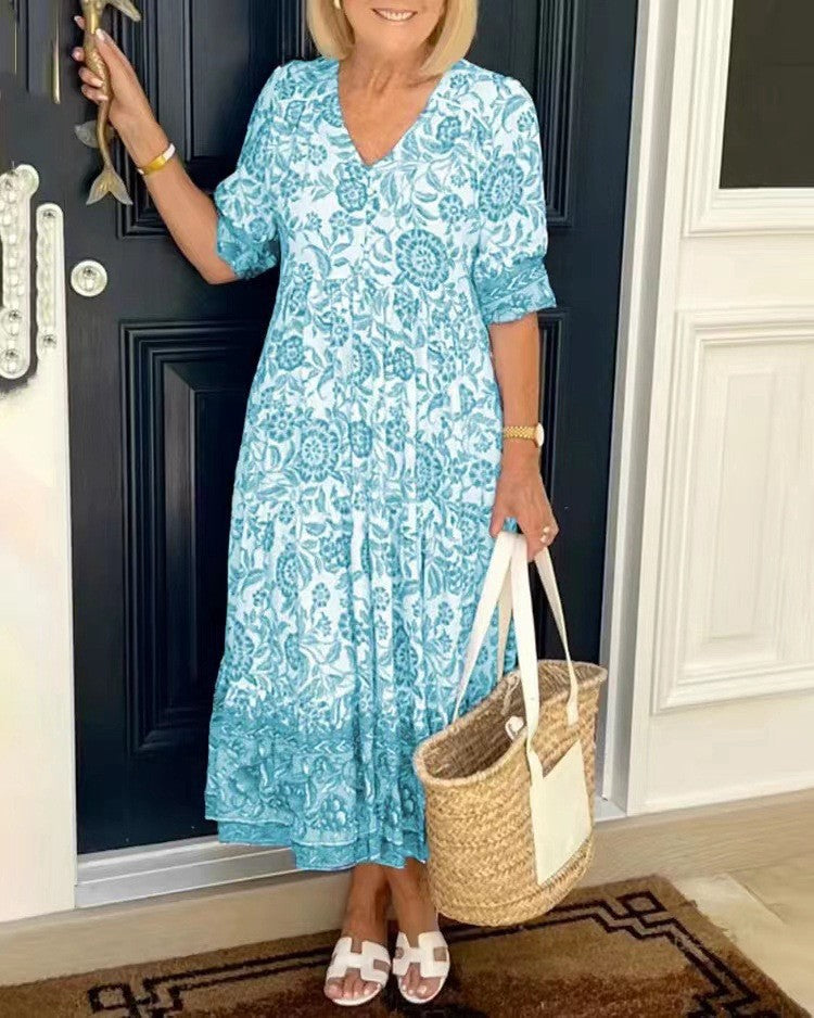 Keisha floral maxi dress in sky blue, full-length front view