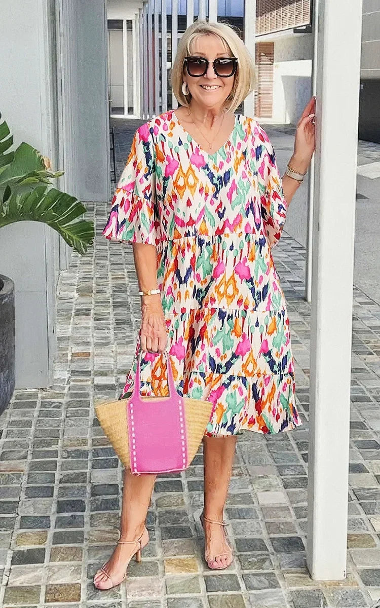 Isabella printed tunic dress in multicoloured ikat, full-length front view