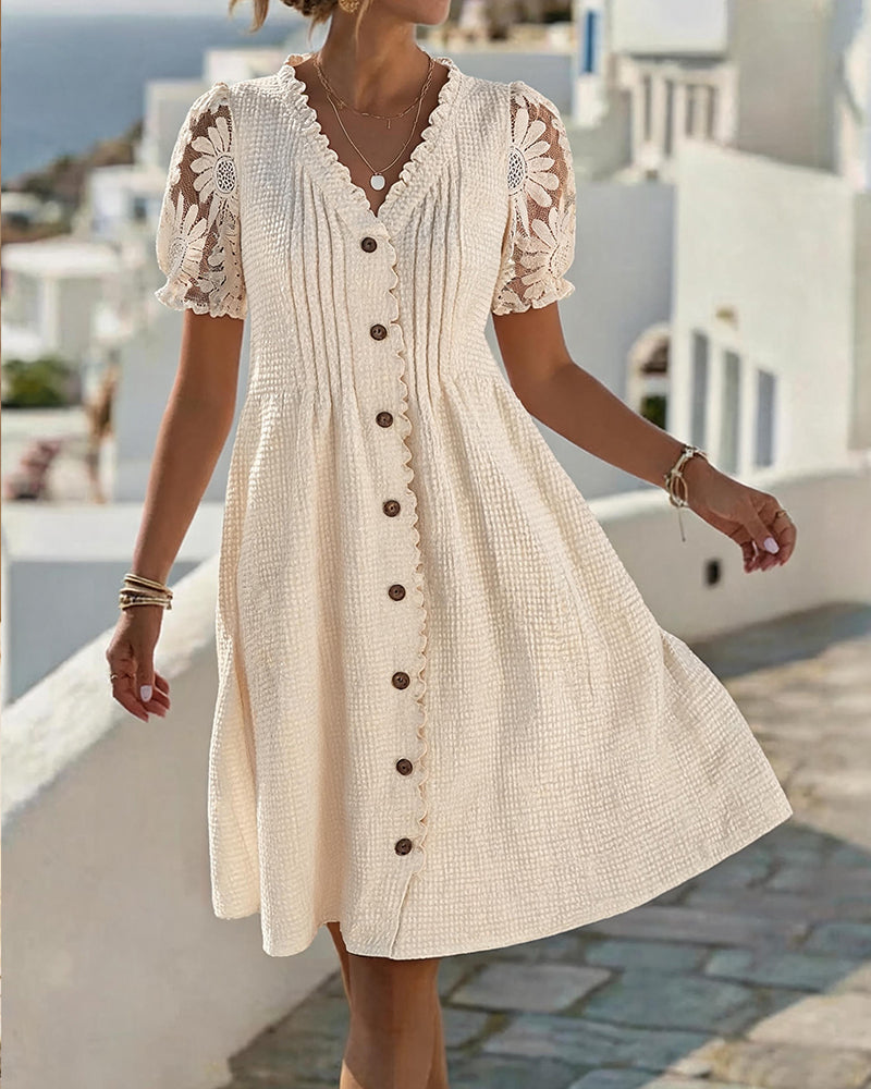 Deneke balloon sleeve midi dress in beige, full-length front view