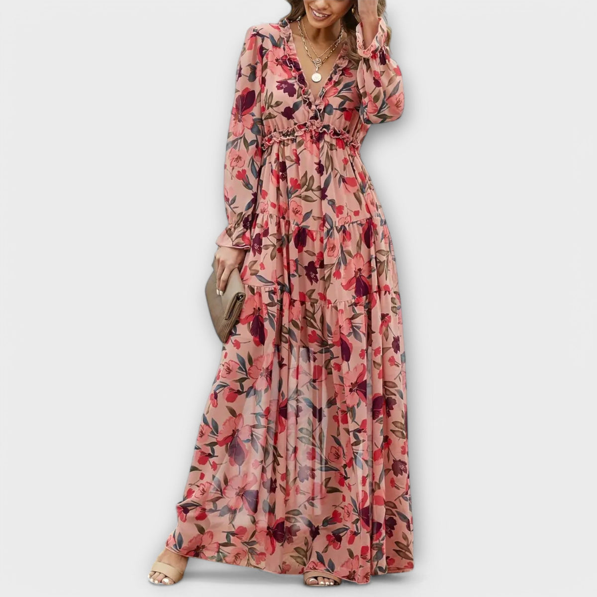 Maya floral V-neck maxi dress in apricot, full-length front view
