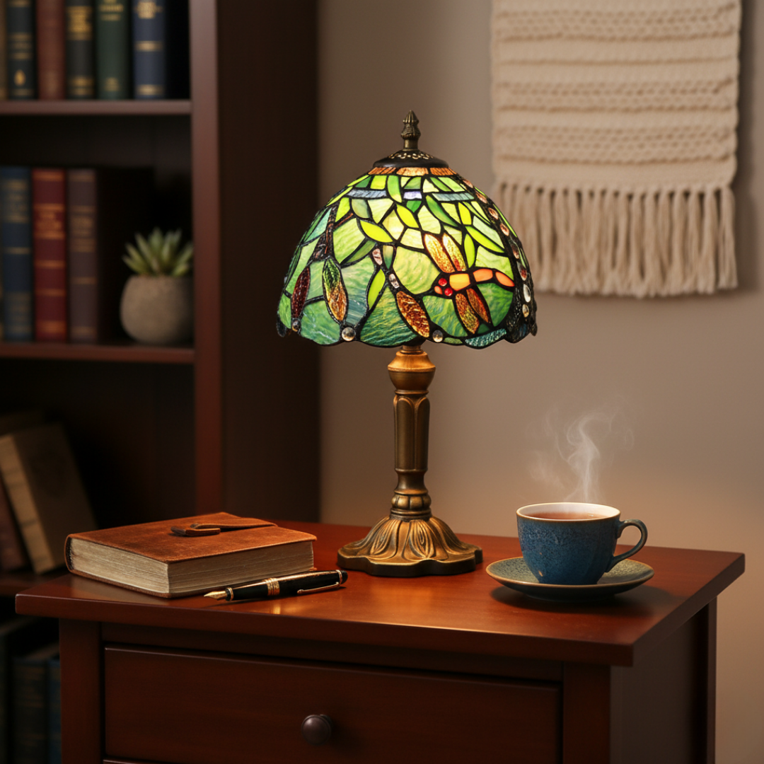 Dragonfly Branch lamp lit on a wooden bedside table with books and a cup