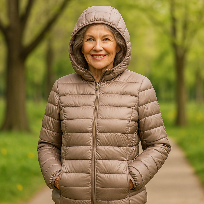 Metta transitional padded jacket in champagne, hood up front view
