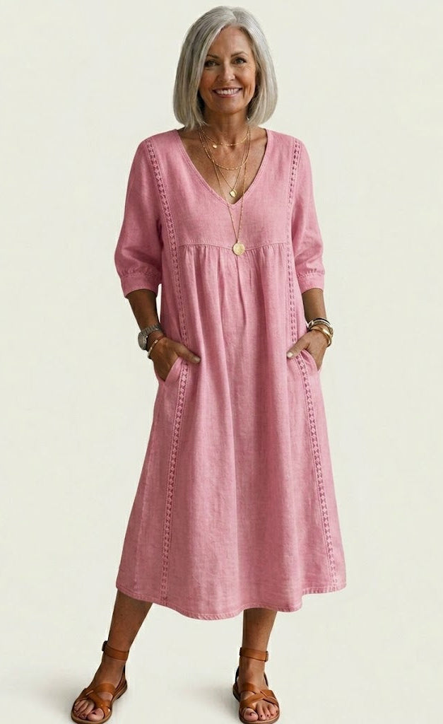 Juliette lace-trim A-line midi dress in pink, full-length front view