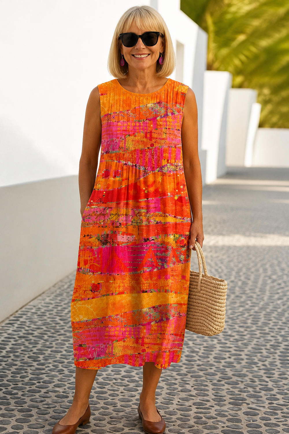 Faye sunset midi dress in orange and pink print, full-length front view