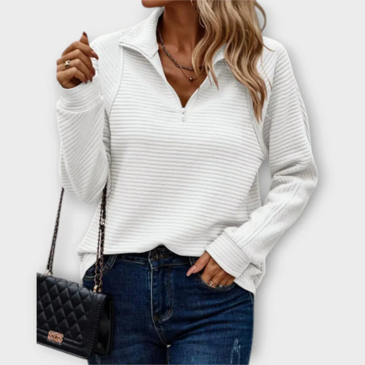 Veylin halfzip pullover in white, front view with shoulder bag