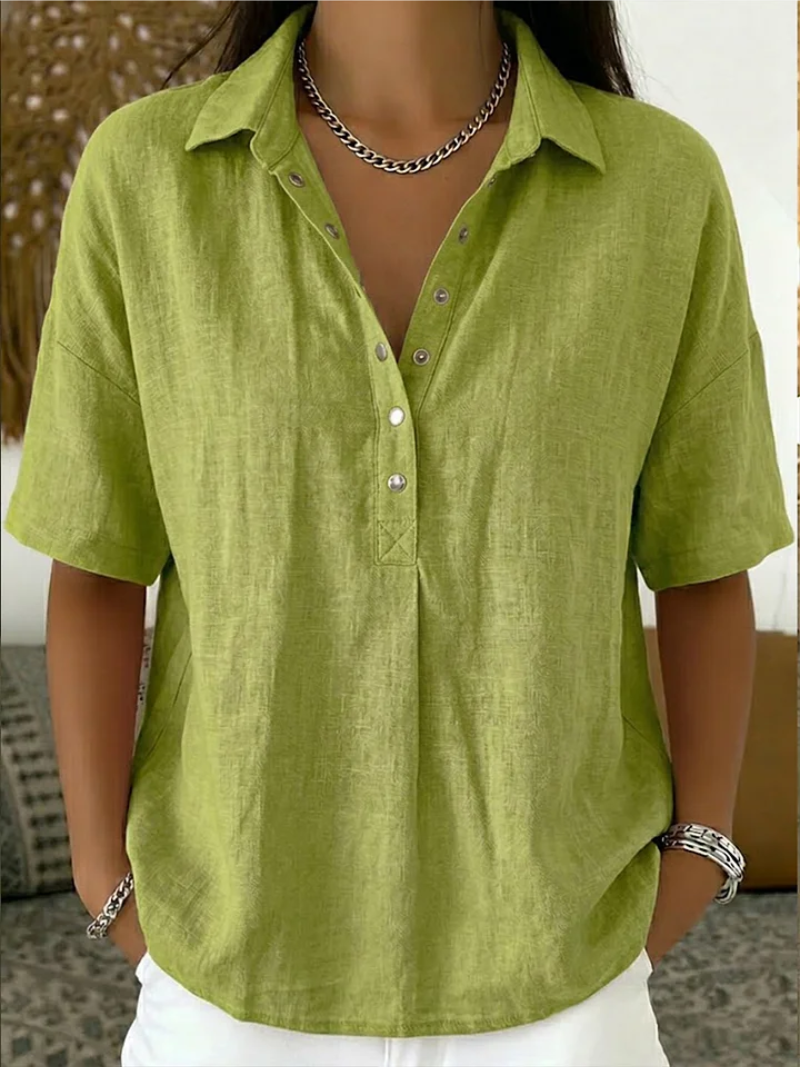 Charlotte linen blouse in green, front view on model