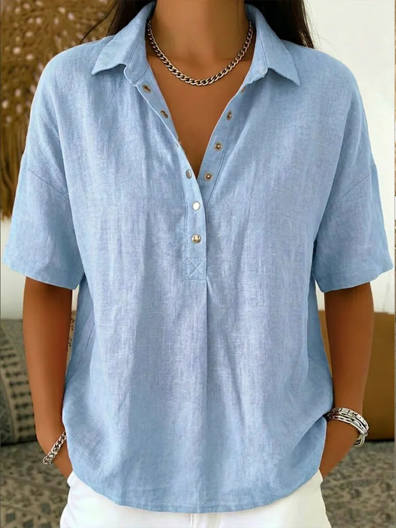 Willow collared button blouse in light blue, front view