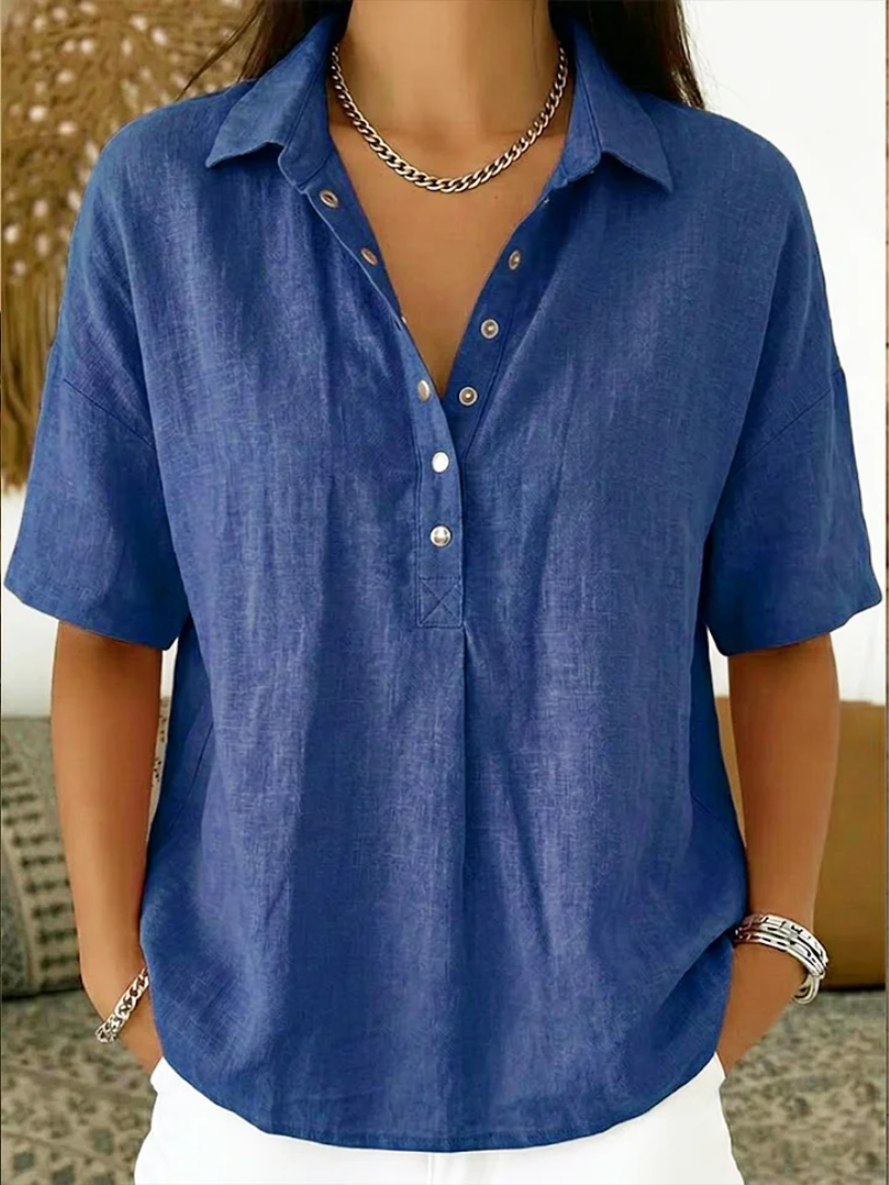Charlotte linen blouse in blue, front view with open collar