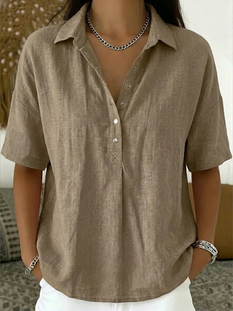Charlotte linen blouse in brown, front view on model