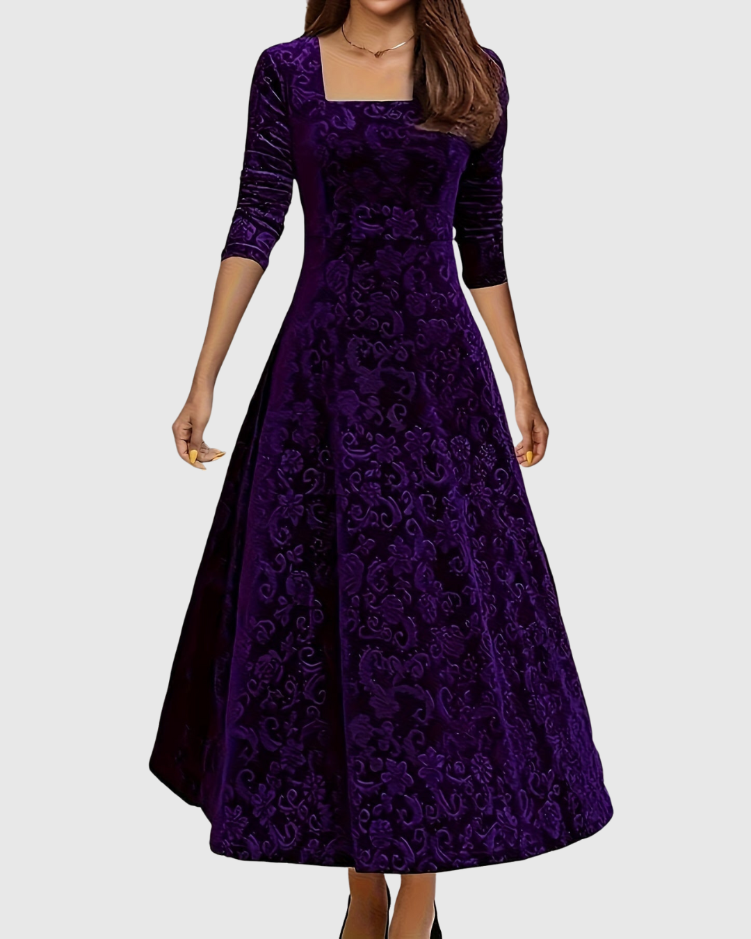 Vespera floral velvet midi dress in purple, full-length front view