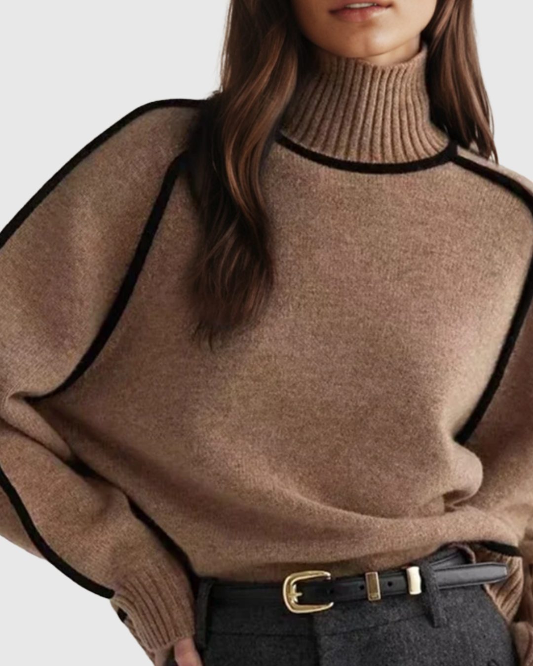 Mariel turtleneck sweater in brown, front view with ribbed collar