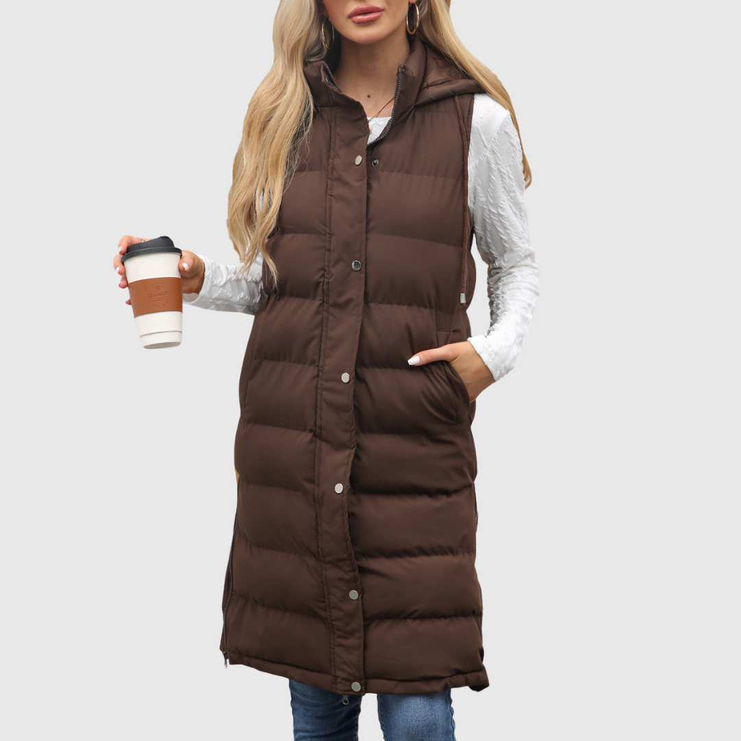 Lifia longline hooded vest in brown, front view