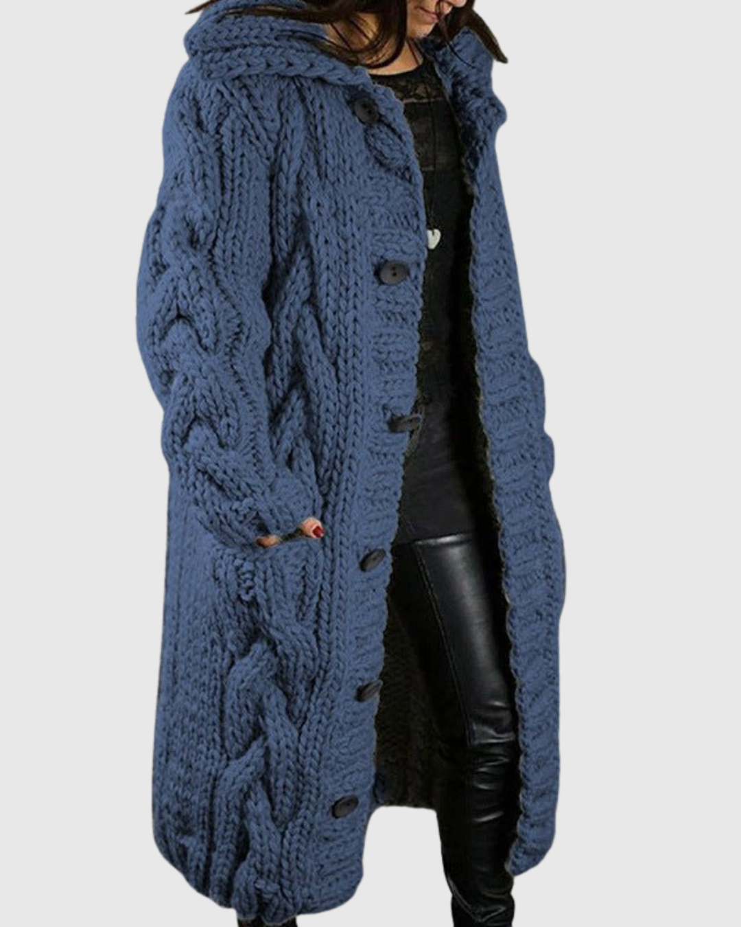 Maelona cable-knit coat in blue, full-length front view