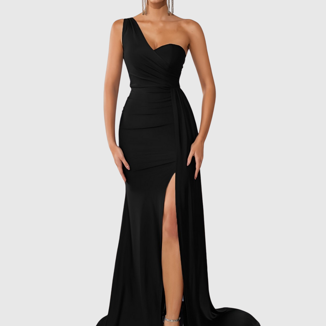 Selvyna one-shoulder mermaid gown in black, full-length front view