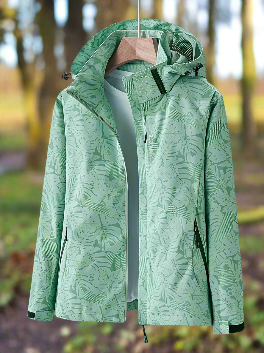 Tauriel leaf print windbreaker in green, front view with hood