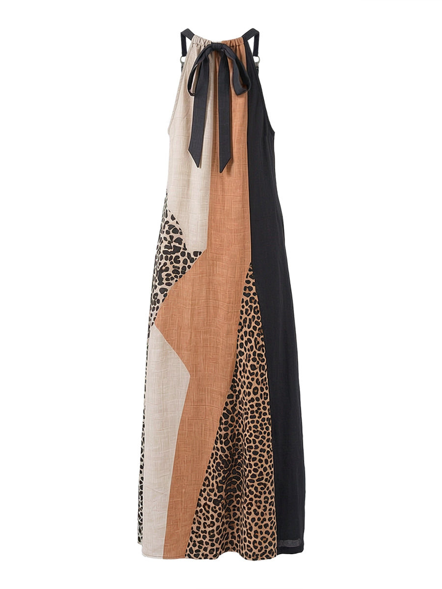 Myrna leopard maxi dress with neck bow, front view