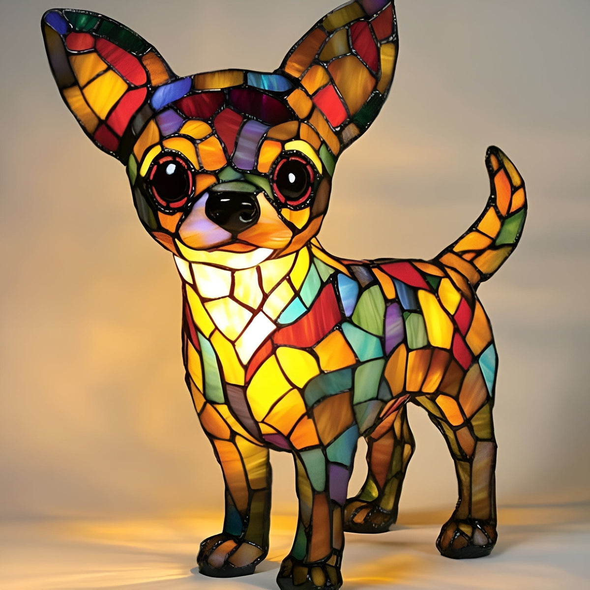 Chihuahua glow lamp in multicoloured mosaic resin, lit front view