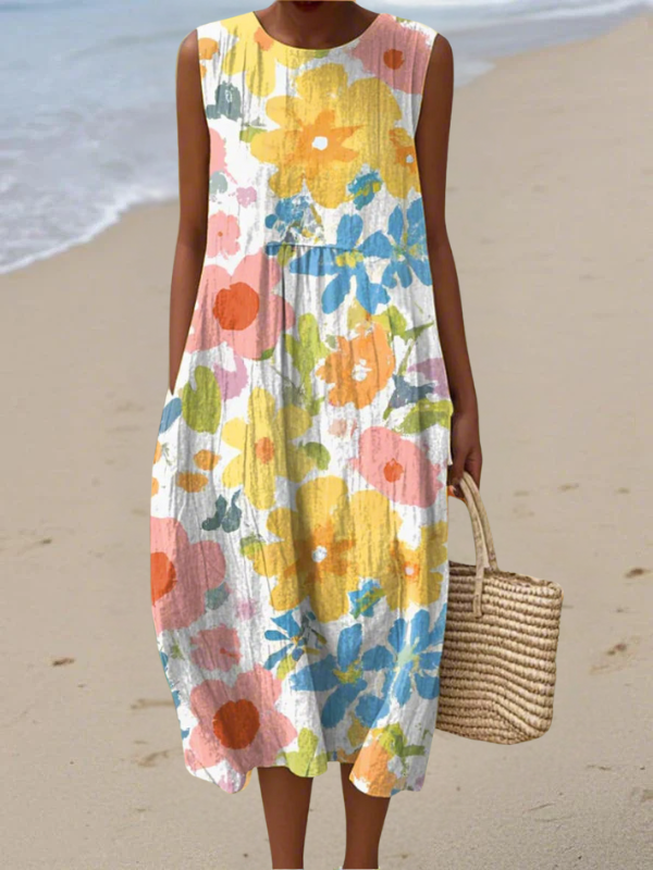 Ella pastel floral midi dress in multicolour, front view with side pockets