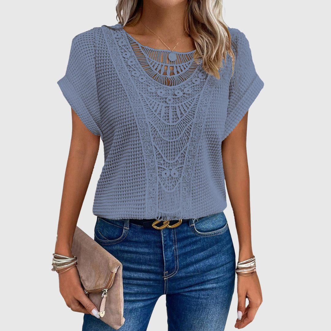 Lucinda lace short sleeve top in blue, front view