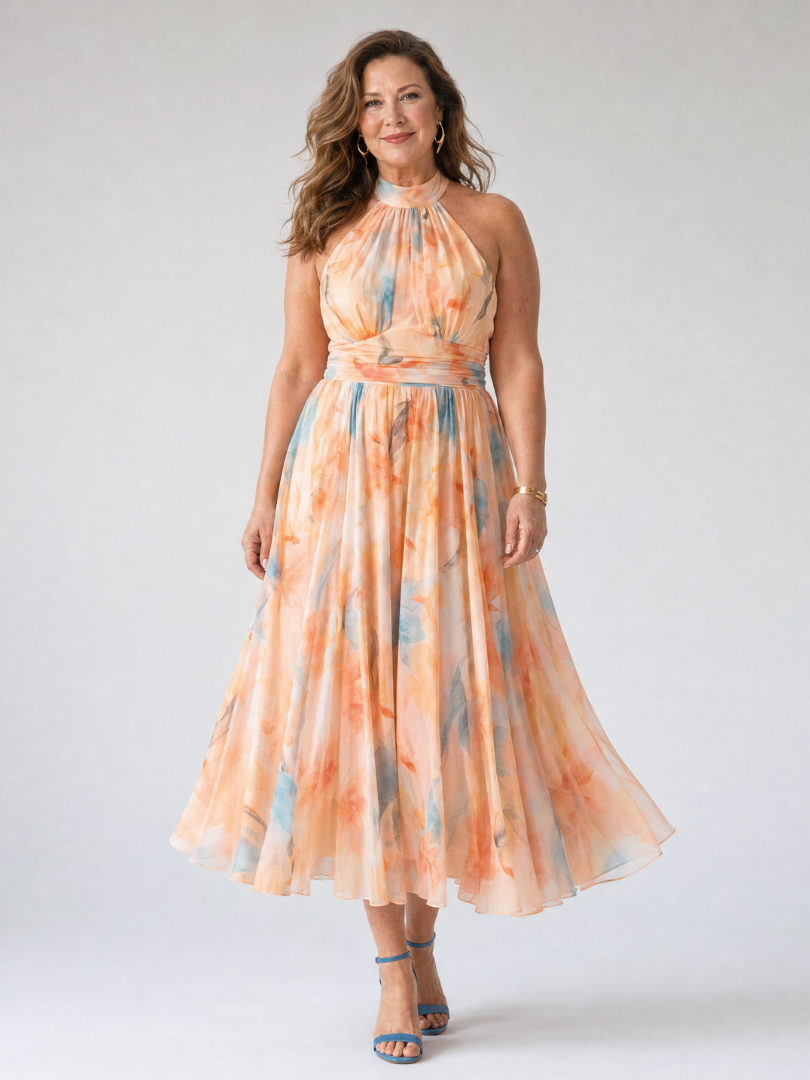 Elin halter midi dress in peach watercolour print, front view on model