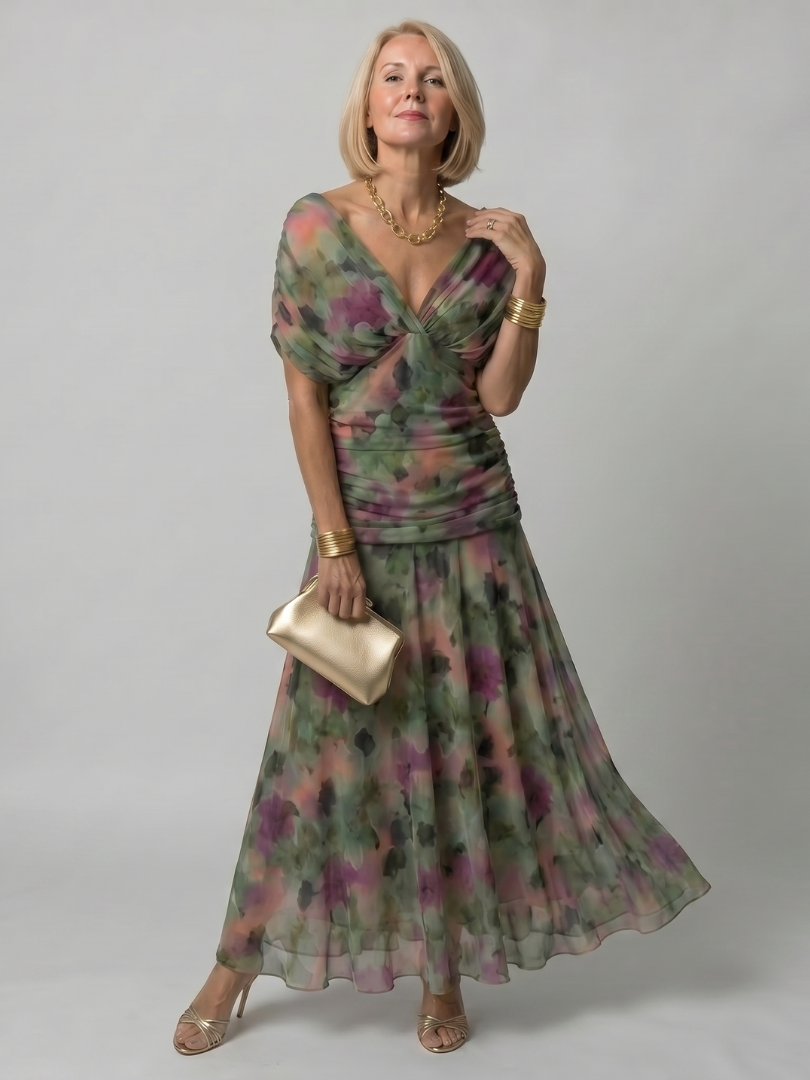 Flow midi dress in green and purple watercolour floral, full-length front view