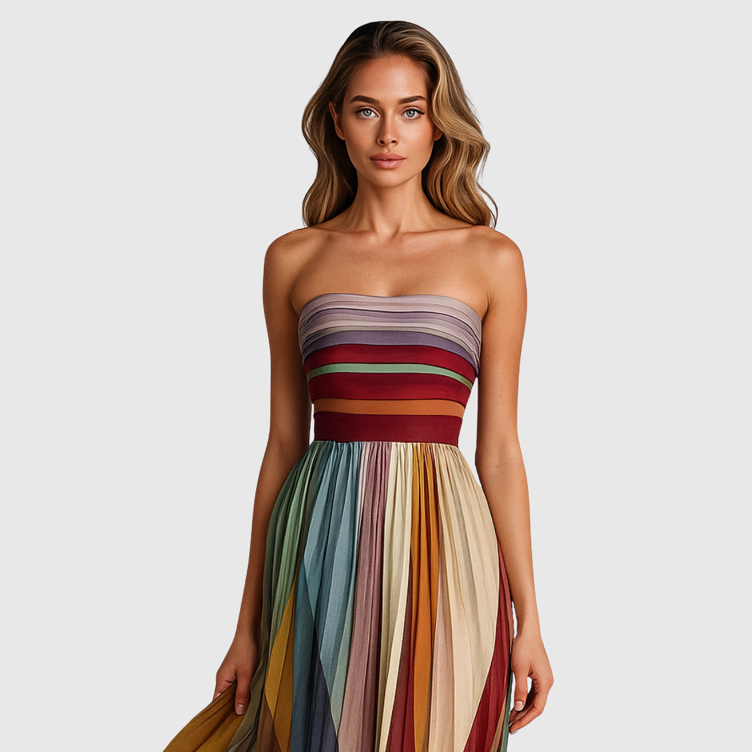 Isola maxi dress striped strapless bodice, close-up view