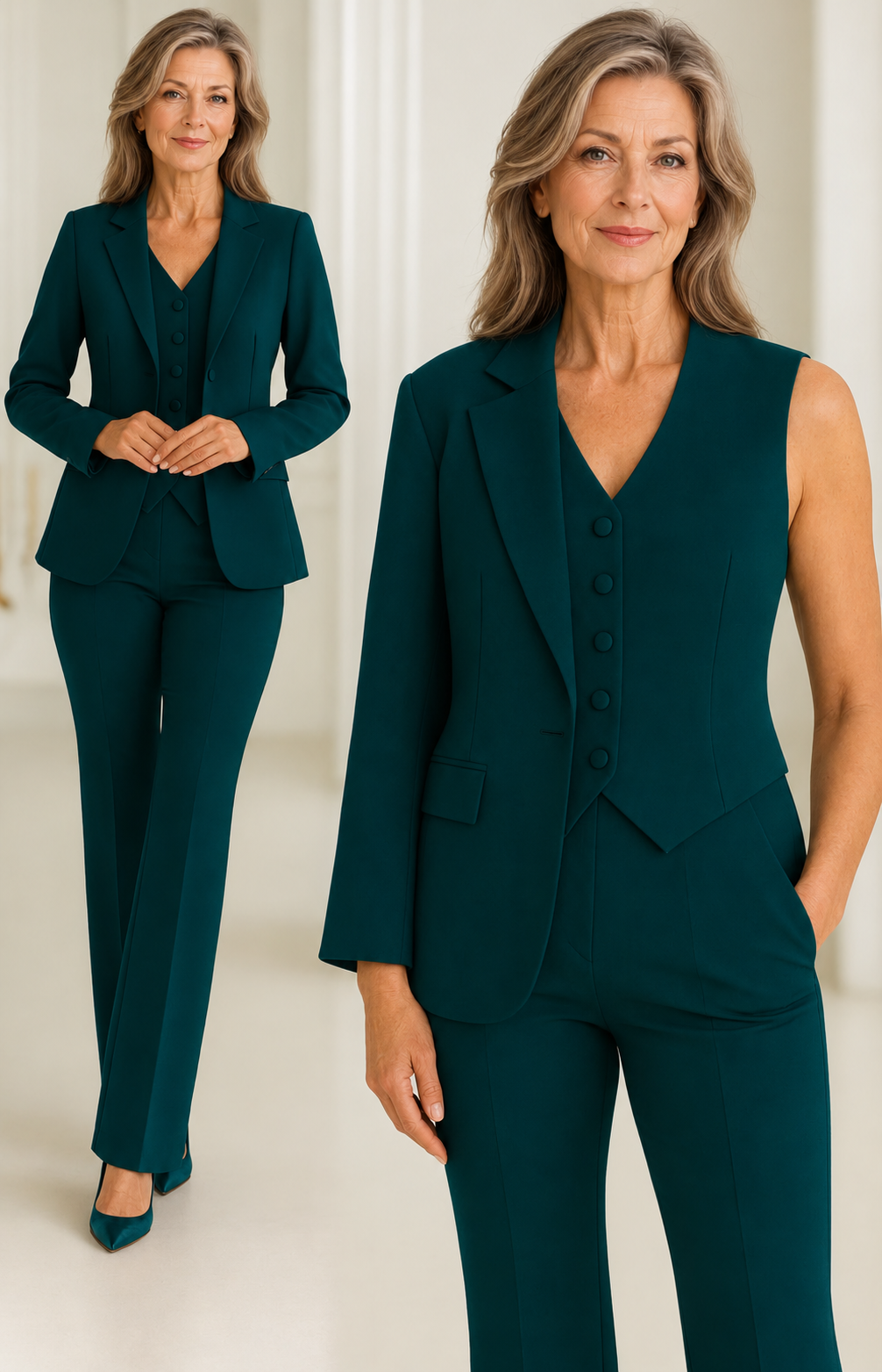 Henrietta elegant three-piece suit in dark teal, full-length and close-up view