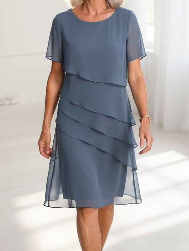Linda layered chiffon ruffle dress in blue, front view