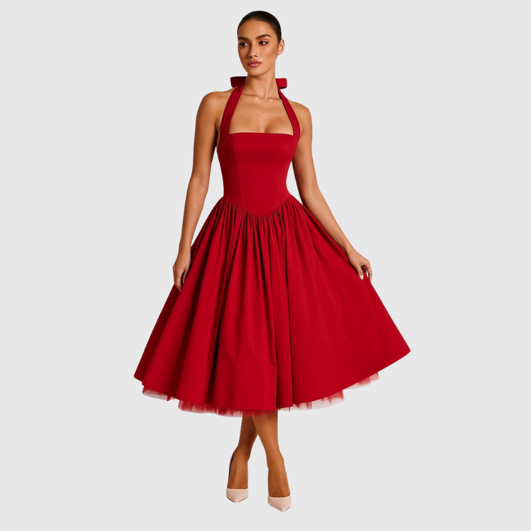 Verity halter midi dress in red, full front view