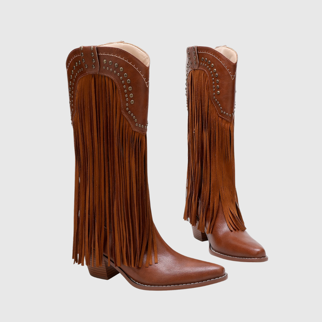Damaris fringed Western boots in tan brown, side angle showing studded shaft
