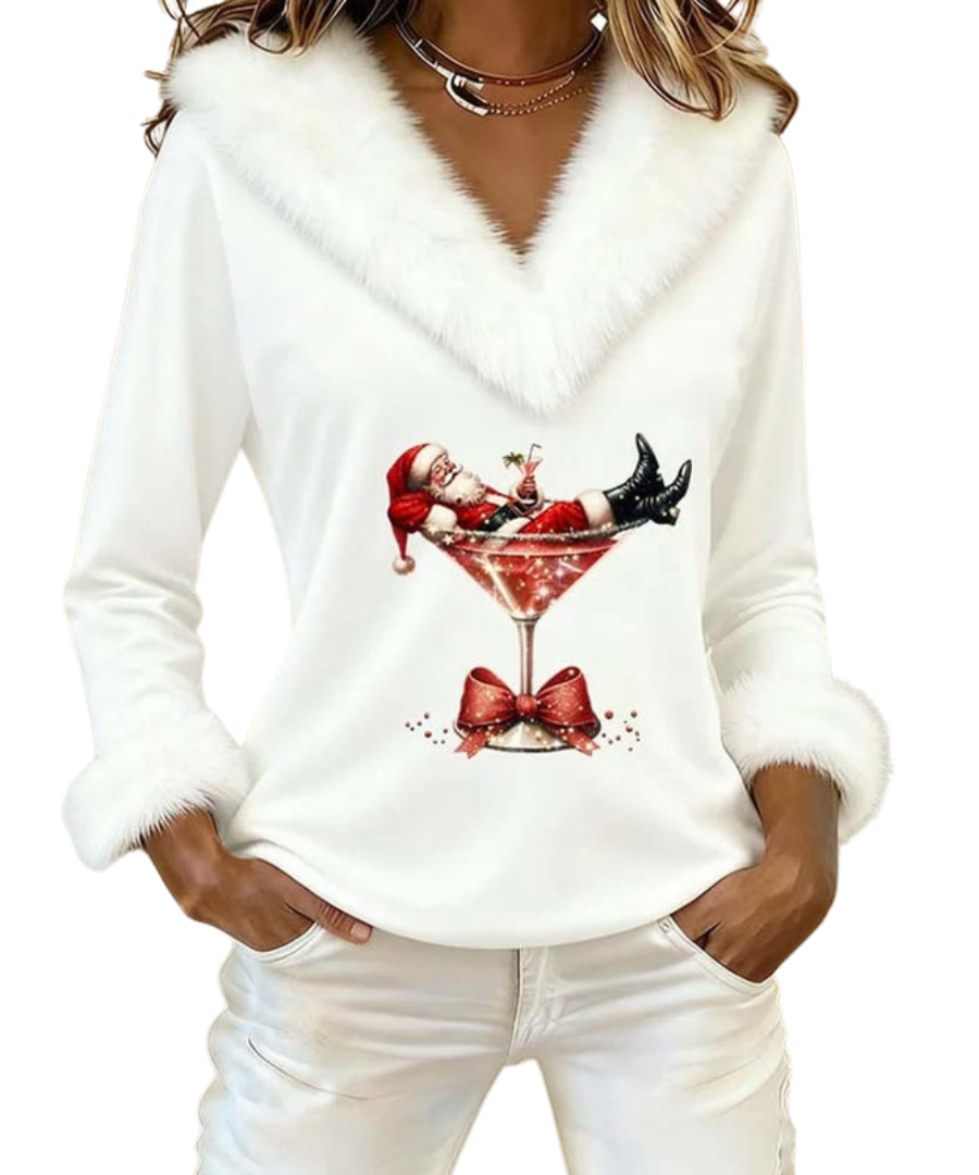 Kavira festive sweater in white with fur trim, front view