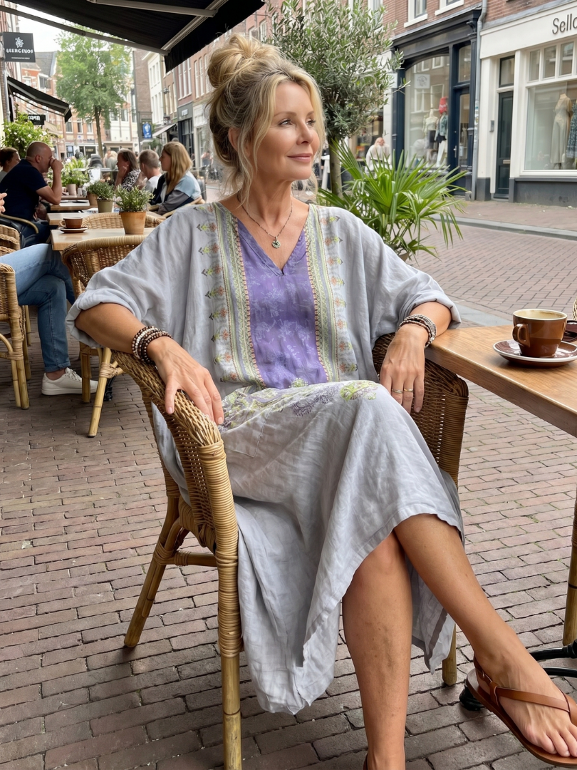 Raina midi dress in grey worn seated at a pavement cafe