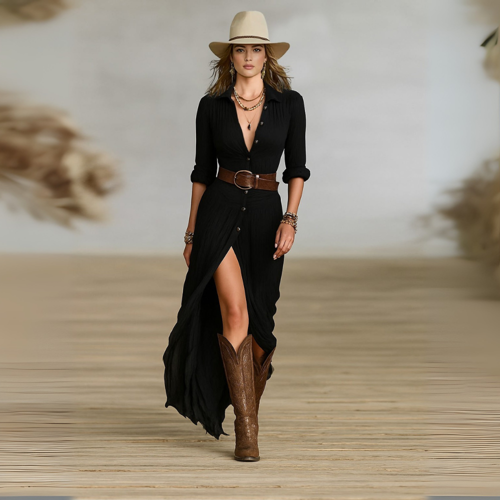 Ceryn chic maxi dress in black, full-length front view